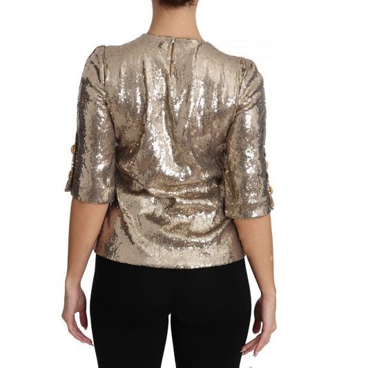 Dolce & Gabbana Gold Parrot Motif Crewneck Blouse with Crystals Dolce & Gabbana Rosy Brown
