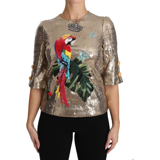 Dolce & Gabbana Gold Parrot Motif Crewneck Blouse with Crystals Dolce & Gabbana Dim Gray