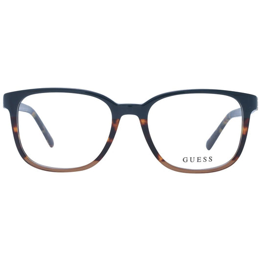 Guess Brown Men Glasses Frame in acetate with full-rim square style, demo lenses, and branded case, size 53-18-145.