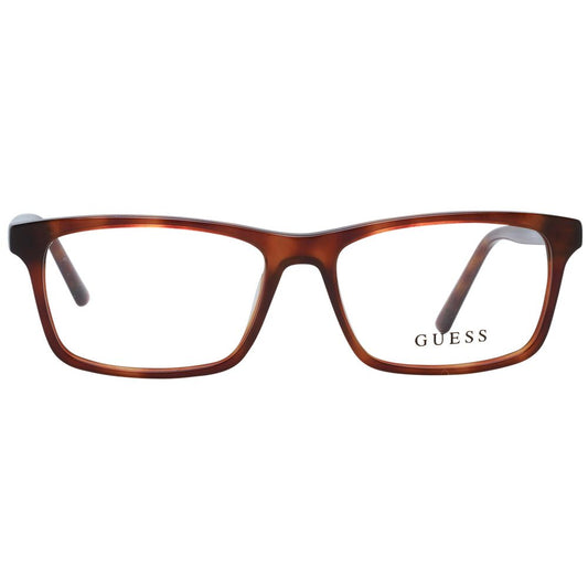 Guess Brown Unisex Glasses Frame, full-rim rectangle style with plastic material and demo lenses, includes branded case.
