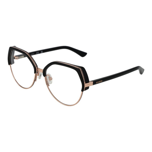 Guess Black Women Glasses Frame with round black plastic design, full-rim style, and demo lenses. Size: 54-16-135 with branded case.