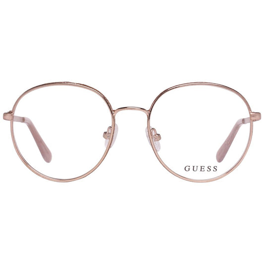 Guess Gold Women Glasses Frame in metal with full-rim panto style and demo plastic lenses, includes branded case.