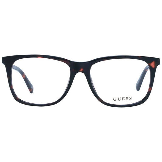 Guess Brown Unisex Glasses Frame with square style, full-rim plastic frame. Includes branded case, spring hinge, and demo lenses.