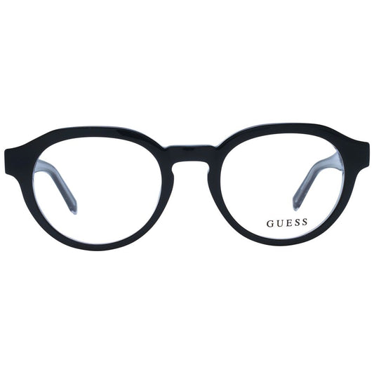 Guess Black Unisex Glasses Frame, full-rim round style, black plastic material, demo lenses, spring hinge, includes branded case