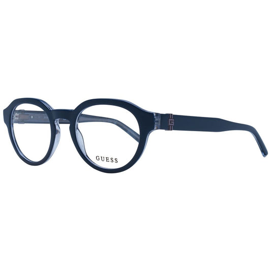 Guess Blue Unisex Glasses Frame, round full-rim style, blue plastic frame, spring hinge, includes branded case.
