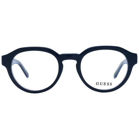 Guess Blue Unisex Glasses Frame in round plastic full-rim style with blue color and demo lenses, featuring spring hinges.