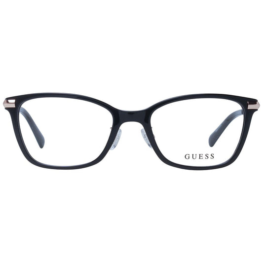 Guess Black Women Glasses Frame with black full-rim plastic design, rectangle shape, and demo lenses. Includes branded case for stylish eyewear.
