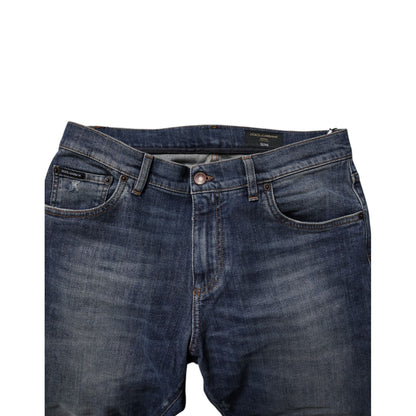 Dolce & Gabbana Dark Blue Cotton Leather Skinny Denim Jeans