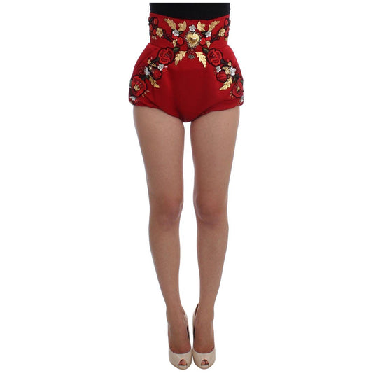 Dolce & Gabbana Red Silk Crystal-Embellished High Waist Shorts Dolce & Gabbana Sienna
