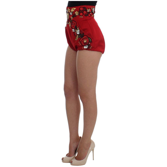 Dolce & Gabbana Red Silk Crystal-Embellished High Waist Shorts Dolce & Gabbana Sienna