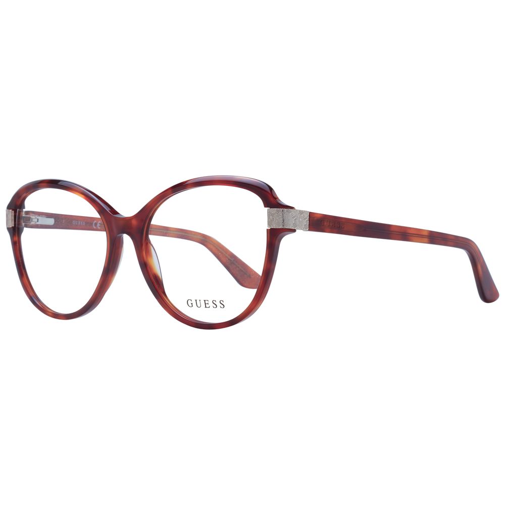 Guess Brown Women Glasses Frame in acetate, full-rim, round style with demo lenses, featuring a 55-16-140 size.