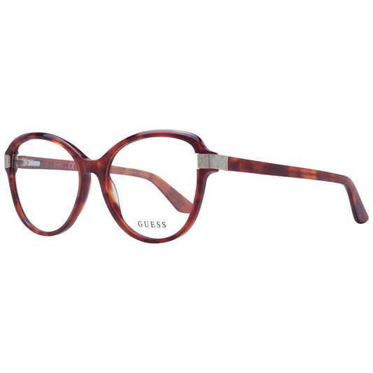 Guess Brown Women Glasses Frame with round style, acetate material, and full-rim design featuring demo lenses and branded case included.