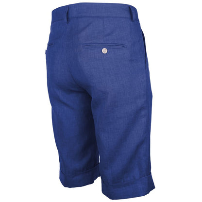 Indigo blue "Made in Italy Blue Linen Short" with back button detail, wool blend, four pockets, and tailored fit.