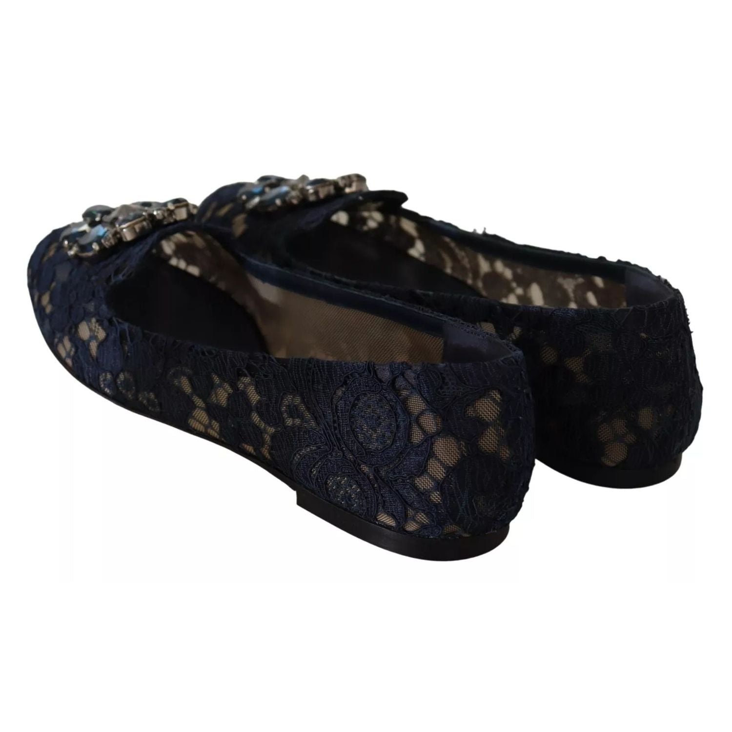 Dolce & Gabbana Blue Crystal Loafer Lace Ballet Flats Shoes