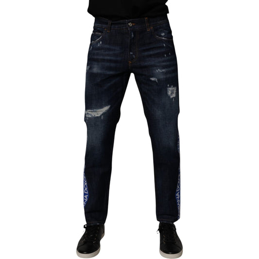 Dolce & Gabbana Dark Blue Cotton Tattered Skinny Denim Jeans
