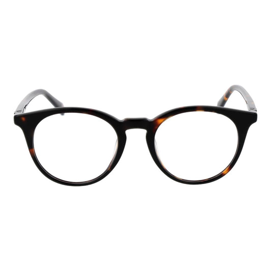 Guess Brown Men Glasses Frame with round acetate full-rim design and plastic demo lenses, perfect for a stylish look.