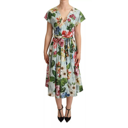 Dolce & Gabbana Green Floral Short Sleeves Cotton V-neck Dress