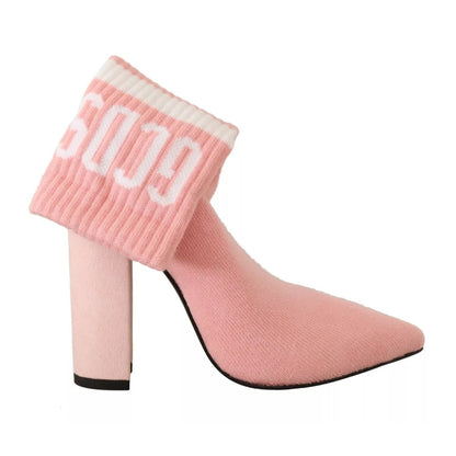 GCDS Pink Suede Logo Socks Block Heel Ankle Boots Shoes