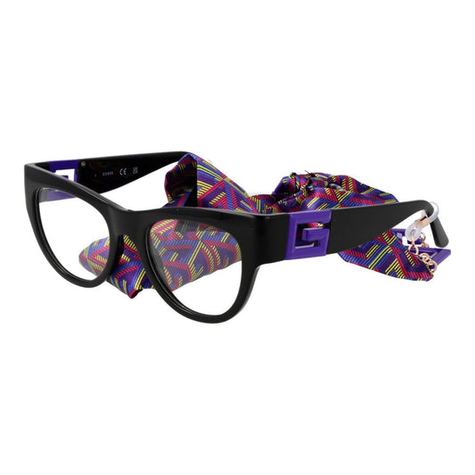 Guess Black Women Glasses Frame, cat eye style with plastic full-rim, demo lenses, and included colorful eyewear chain.