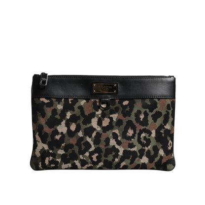 Dolce & Gabbana Multicolor Leopard Jacquard Print Logo Plaque Pouch Bag