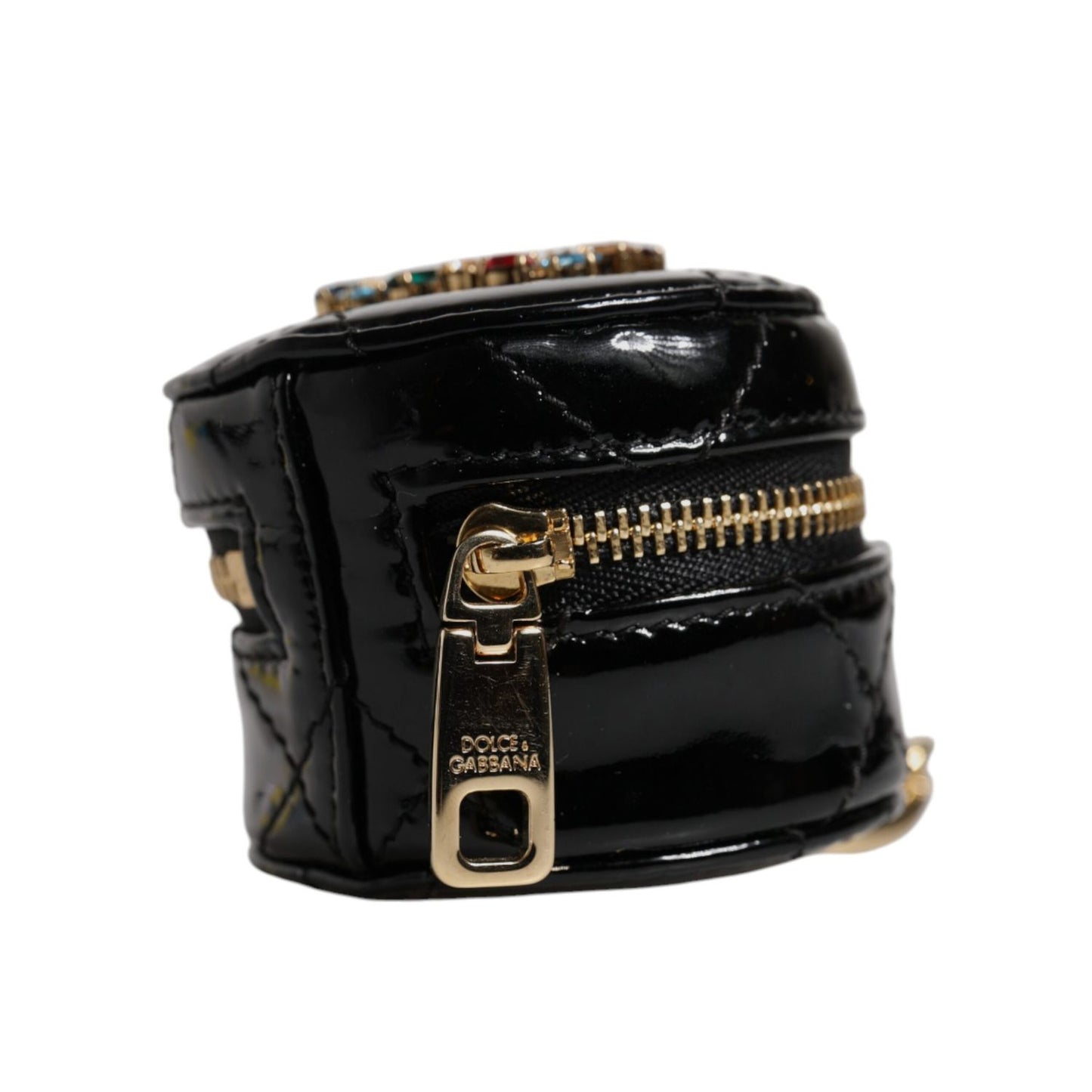 Dolce & Gabbana Black Lamb Leather DG Crystal Round Coin Purse Wallet