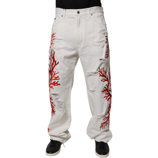 Dolce & Gabbana White Corals Tattered Straight Denim Jeans PAN75183-48