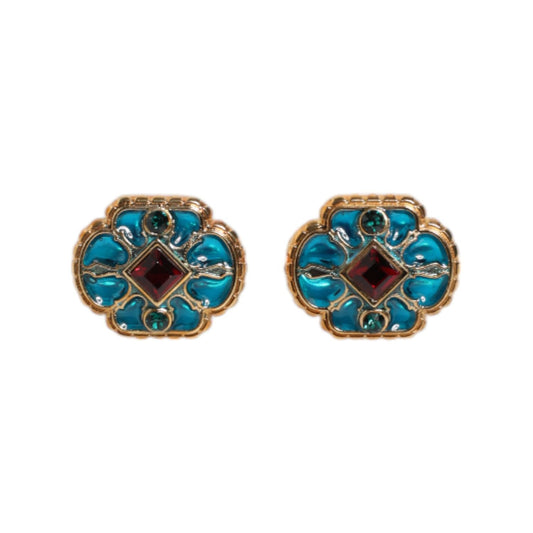 Dolce & Gabbana Gold Brass Blue Enameled Flower Cufflink SMY10680