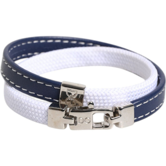 Dolce & Gabbana Blue White Leather Trimmed DG Engraved Silver Tone Clasp Bracelet