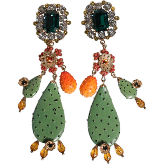 Dolce & Gabbana Green Cactus Crystal Clip On Dangling Jewelry Earrings