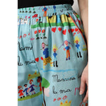 Dolce & Gabbana Light Blue Drawing Mid Waist Wide Leg Pants