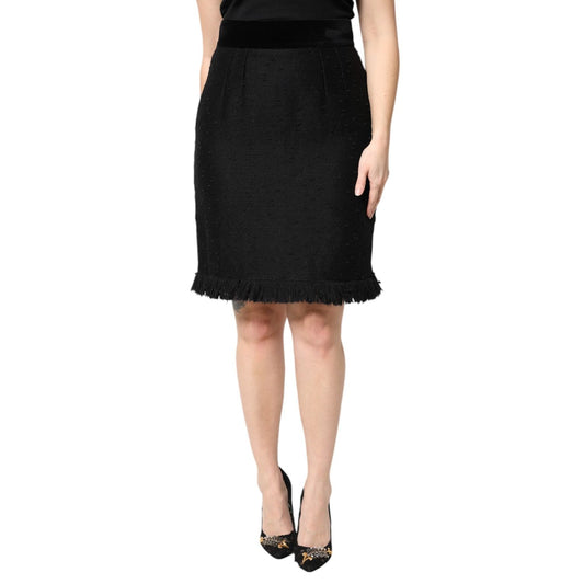 Dolce & Gabbana Black Wool Fringe High Waist Pencil Mini Skirt SKI2075-44