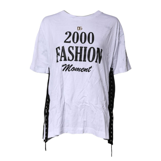 Dolce & Gabbana White Print Lace-Up Cotton Crew Neck T-shirt TSH86867-38