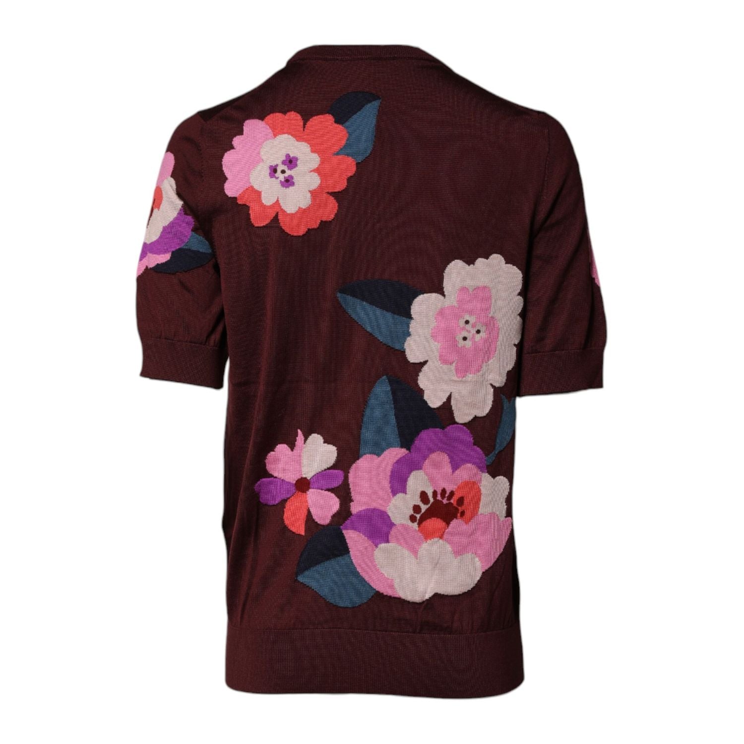 Dolce & Gabbana Maroon Floral Silk Crew Neck Blouse Top