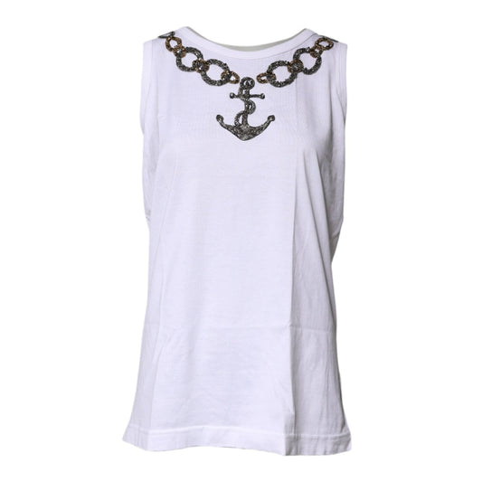 Dolce & Gabbana White Cotton Anchor Chain Embroidery Tank Top TSH87169-40