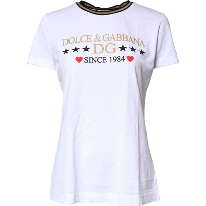 Dolce & Gabbana White Printed Round Neck Top Cotton T-shirt