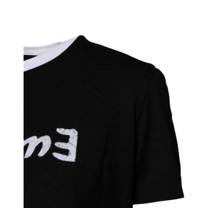Dolce & Gabbana Black Printed Round Neck Top Cotton T-shirt