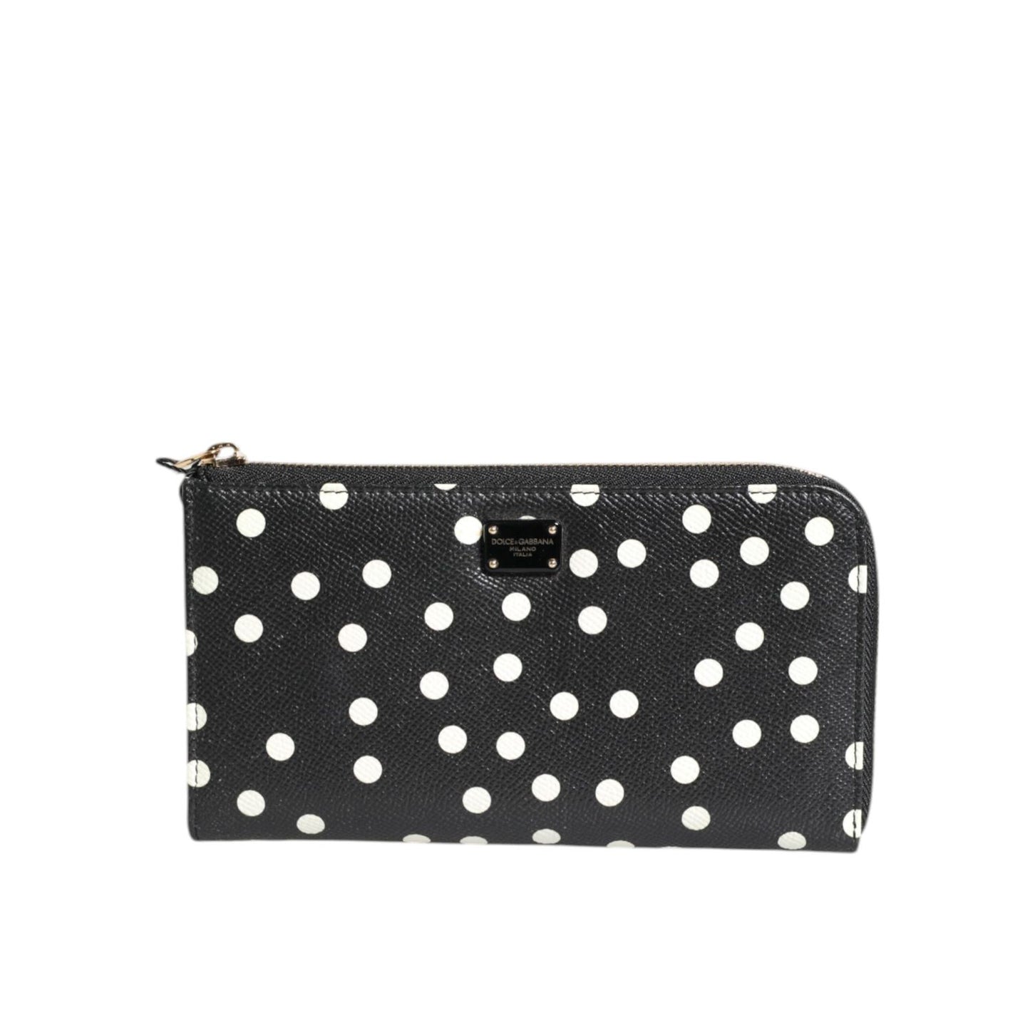 Dolce & Gabbana Black White Dotted Leather Zip Around Continental Wallet