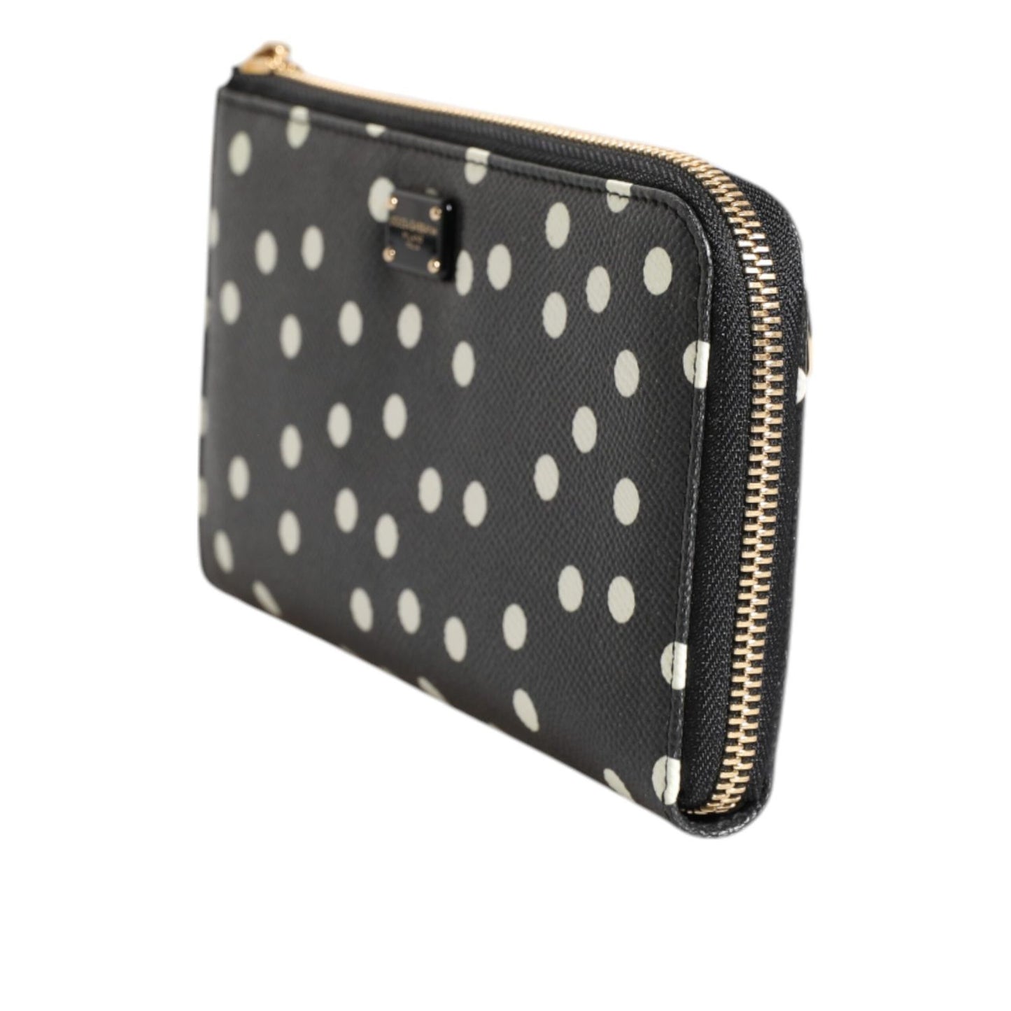 Dolce & Gabbana Black White Dotted Leather Zip Around Continental Wallet
