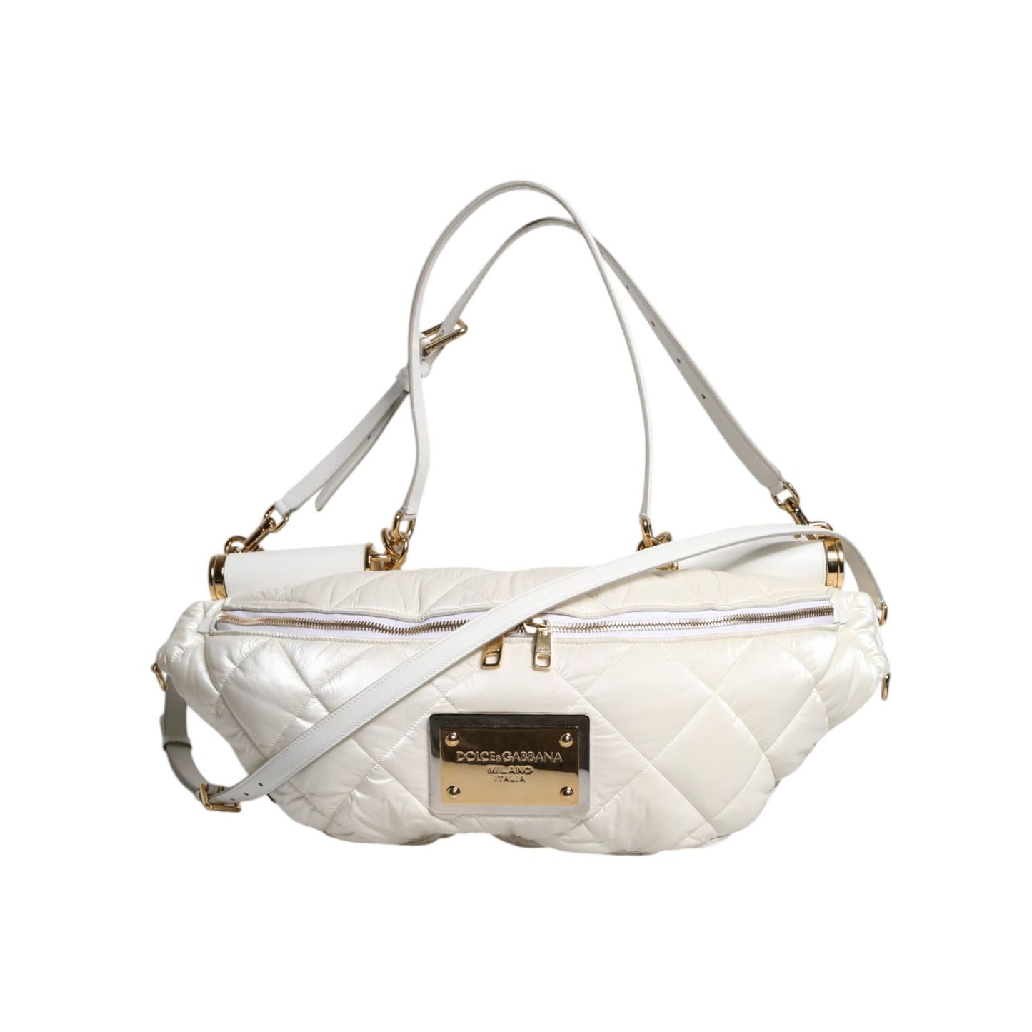 Dolce & Gabbana White Quilted Logo Plaque Belt Waist Fanny Pack Bag BAG4628
