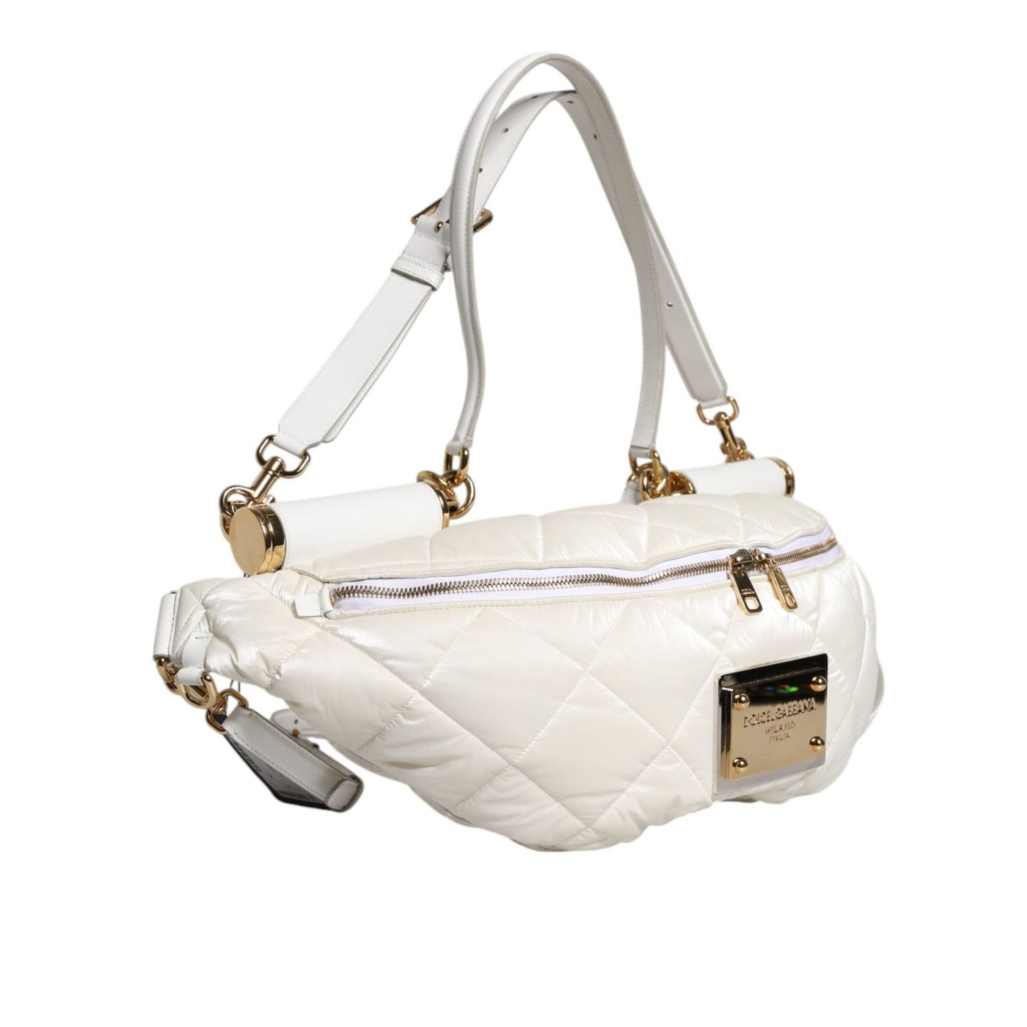 Dolce & Gabbana White Quilted Logo Plaque Belt Waist Fanny Pack Bag BAG4628
