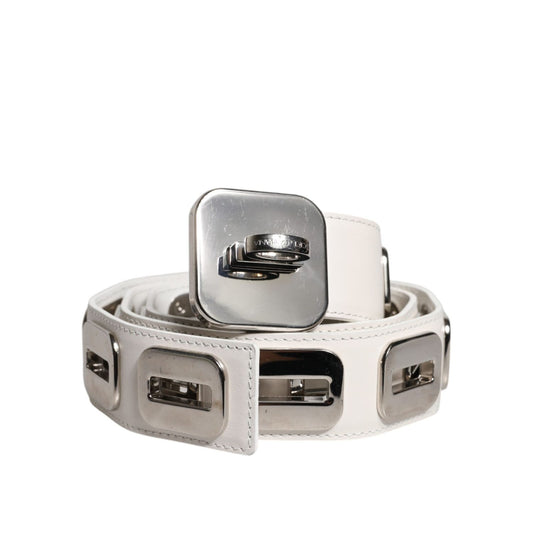 Dolce & Gabbana White Leather Gold Tone Rotating Buckle Belt WMB394-90
