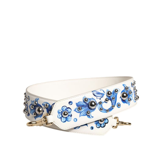 Dolce & Gabbana White Blue Floral Leather Stud Shoulder Strap WMB463