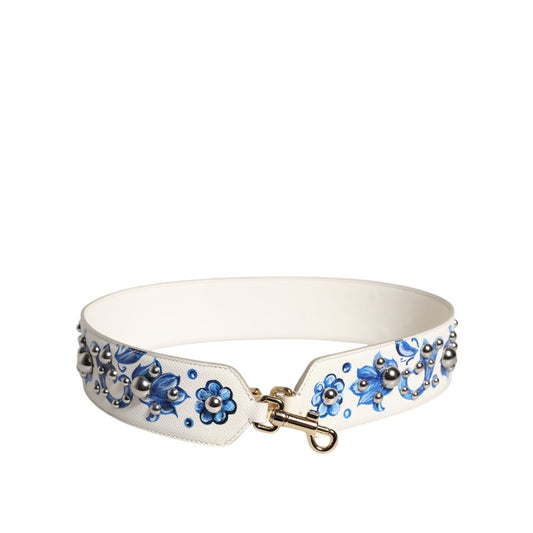 Dolce & Gabbana White Blue Floral Leather Stud Shoulder Strap WMB463
