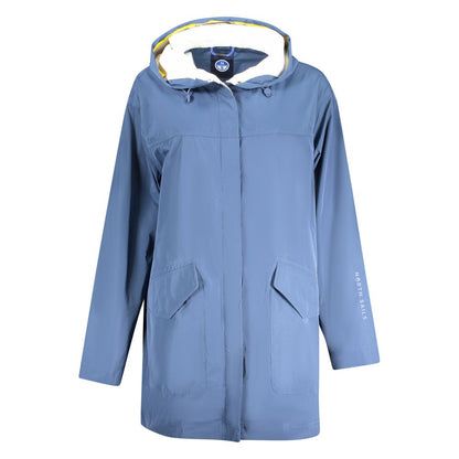 North Sails Blue Polyester Jackets & Coat - Long sleeve parka with hood, 2 pockets, buttons, zip, and logo print.