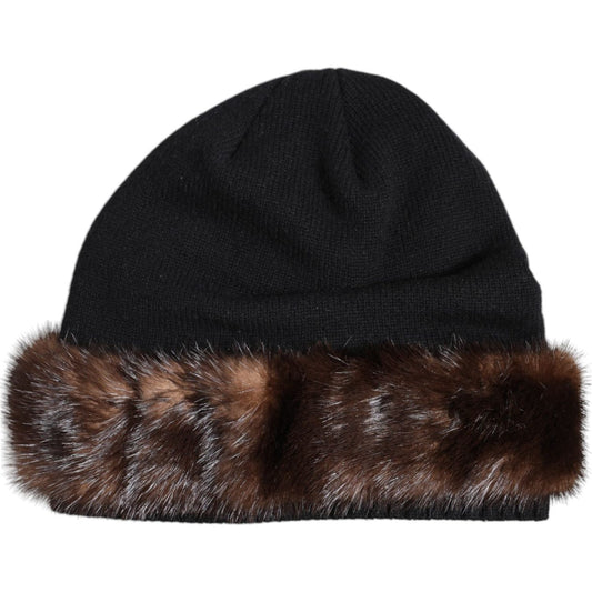 Dolce & Gabbana Black Fur Embellish Knitted Winter Beanie Hat Dolce & Gabbana Black