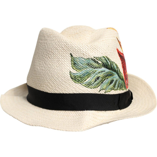 Dolce & Gabbana Beige Floral Print Straw Wide Brim Fedora Hat Dolce & Gabbana Light Gray