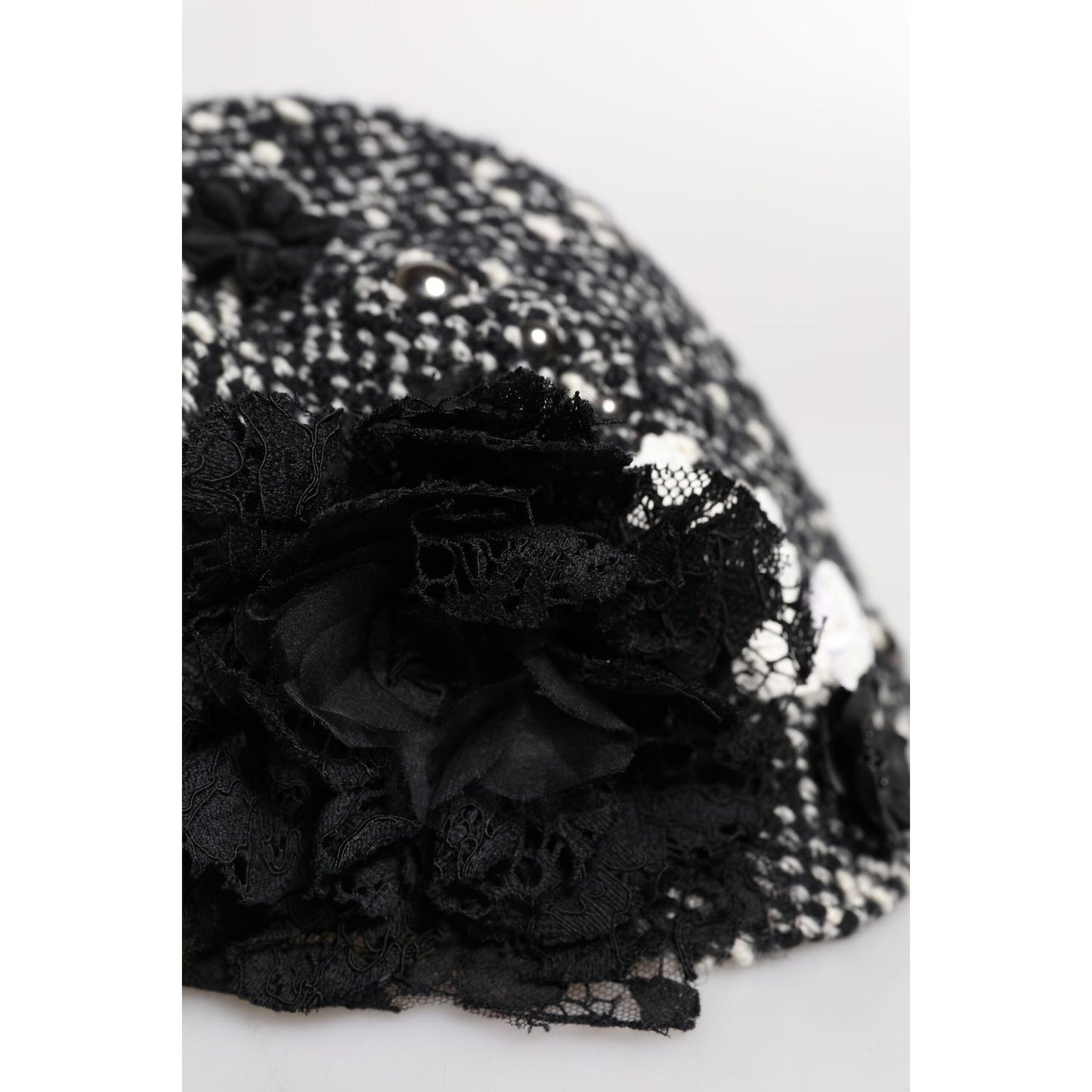Dolce & Gabbana Black Wool White Floral Embellished Cloche Hat