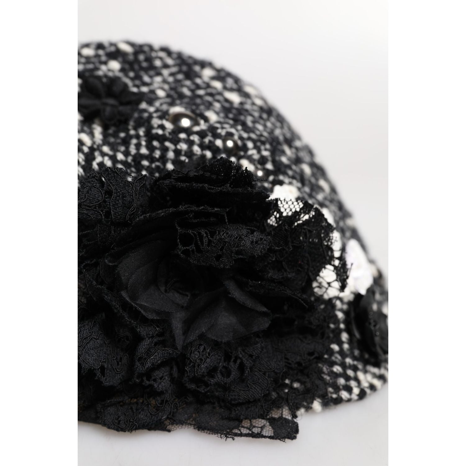 Dolce & Gabbana Black Wool White Floral Embellished Cloche Hat