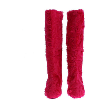 Dolce & Gabbana Pink Lamb Fur Leather Flat Boots