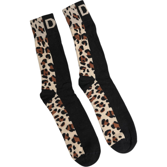 Dolce & Gabbana Black Brown Leopard Print Nylon Mid Calf Socks Dolce & Gabbana Tan